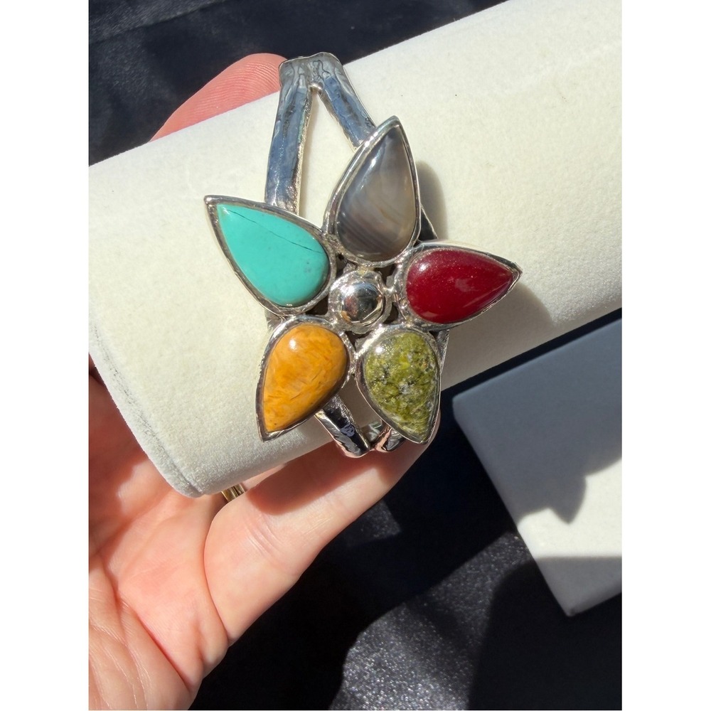 Barse Vintage Sterling Silver Multi Gemstone Flower Cuff 925 - Picture 15 of 16